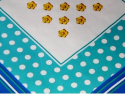  Платок шейный синего цвета в белый горошек с золотыми цветами в центре