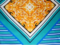  Платок шейный светло-синего цвета в полоску с золотым рисунком в центре